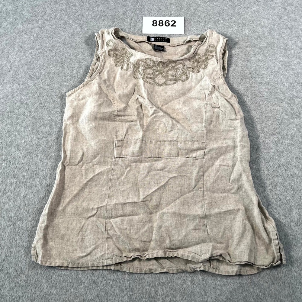Carole Little Tank Top Womens Medium Beige Linen Embroidered Floral Boat Neck